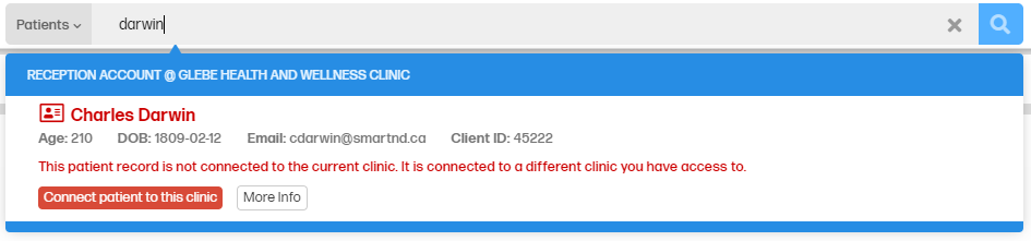 for admins - how to see if a patient is not connected to the clinic or office, and how to connect to that patient - shows the main search bar at the top of the interface with a patient search showing a patient not connected to the clinic or office